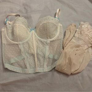 Victoria's Secret Lace Bustier and Stockings Set - Cream and Blue